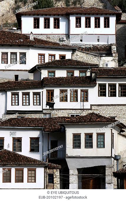 Ottoman houses in the old town with white painted exteriors and tiled roof tops