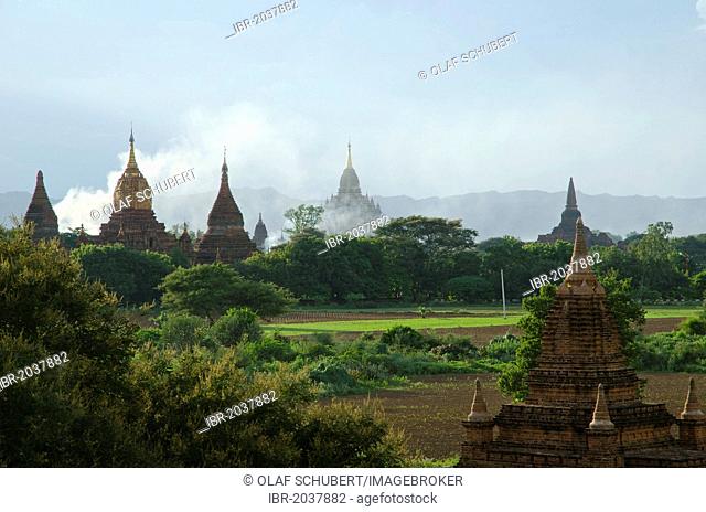 Rising smoke, fog and evening light between fields, temples and pagodas, Bagan, Myanmar, Burma, Southeast Asia, Asia