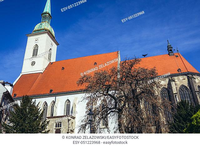 Bell tower of Saint Martin's Cathedral ont he Old Town of Bratislava, Slovakia, view from Panska Street