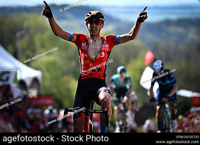 Belgian Dylan Teuns of Bahrain Victorious celebrates after winning the 86th edition of the men's race 'La Fleche Wallonne'