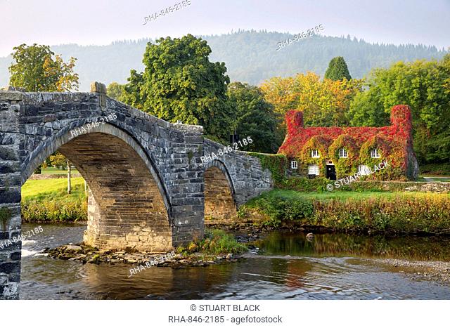 Tu Hwnt i'r Bont tearoom and Pont Fawr (Big Bridge) in autumn, Llanrwst, Snowdonia, Conwy, Wales, United Kingdom, Europe