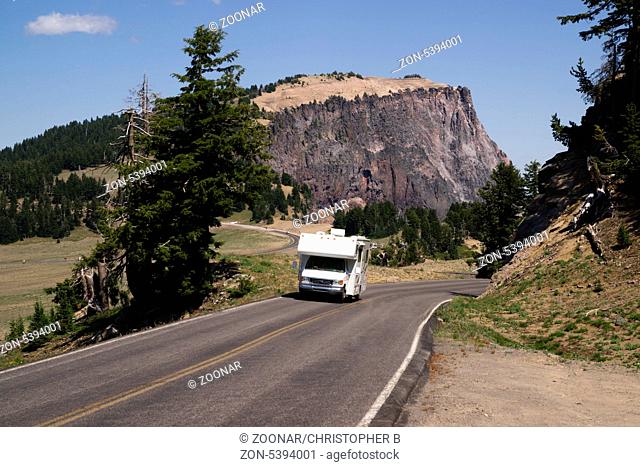 An RV moves down the highway in the Northwest