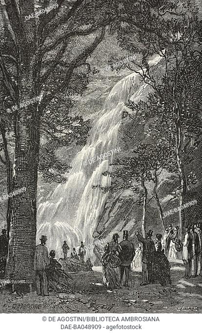 View of the Powerscourt waterfalls, Ireland, print from the book Irlande et France by Alfred Duquet, illustration from the magazine L'Illustration