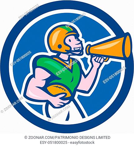 Illustration of an american football gridiron quarterback player holding bullhorn blowhorn shouting facing side set inside circle on isolated background done in...