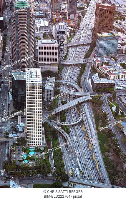 Aerial view of highway in Los Angeles cityscape, California, United States