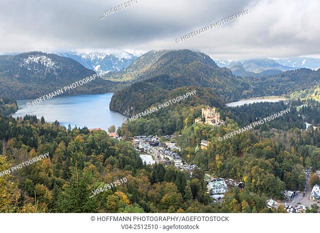 The beautiful Hohenschwangau Castle (High Swan County Palace) with landscape and lakes, Bavaria, Germany, Europe