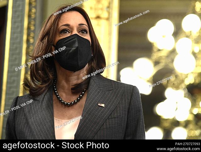 United States Vice President Kamala Harris makes remarks on the prospects of the administration's voting rights bill after conducting the swearing in of the...