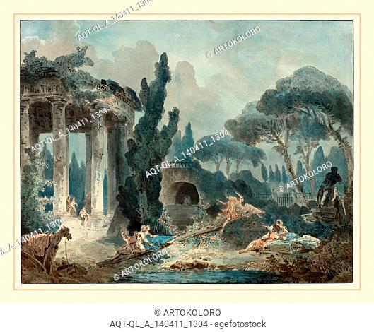 Style of Hubert Robert, The Seesaw, pen and black ink and watercolor on laid paper