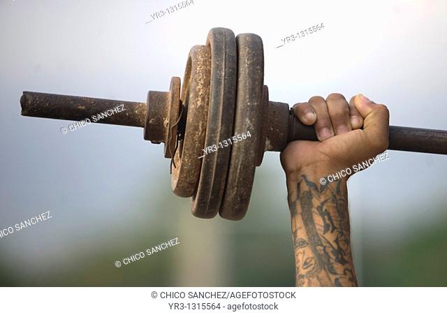 A Central American migrant traveling across Mexico to work in the United States trains with weights at the Catholic priest Alejandro Solalinde's shelter...