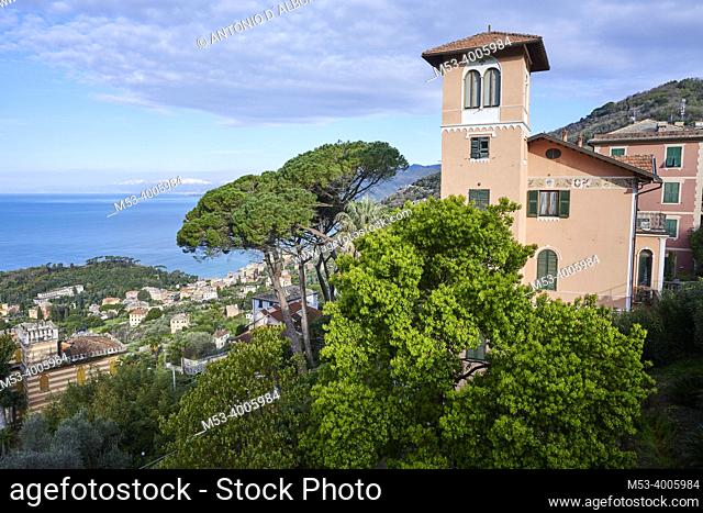 An upscale historical villa in the village and tourist resort of of Camogli on the Genoa coastline. Liguria. Italy