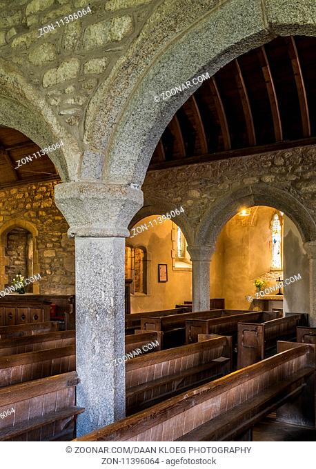 Zennor, England - April 26, 2017: Interior of the church of Zennor with pillars and benches, Saint Senara Church