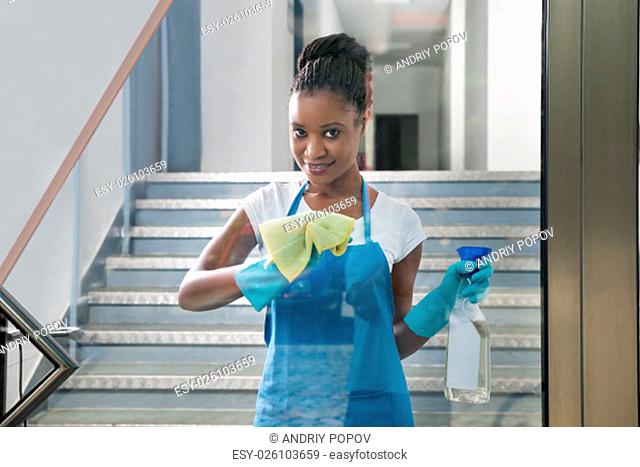 Portrait Of Smiling African Woman Cleaning Glass With Rag