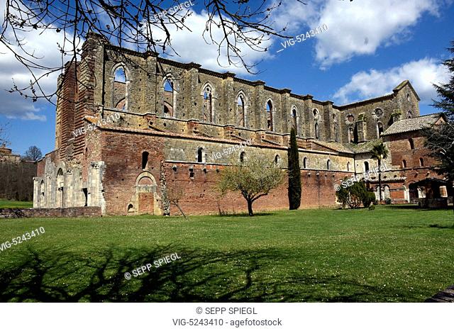 Italy, Chiusdino, 07/04/2015 The Abbey of San Galgano is the ruins of a former abbey about 35 km southwest of Siena on the territory of the municipality...