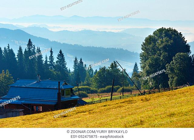 Summer mountain morning view with house on slope (Carpathians, Kryvopillja, Verkhovyna district, Ivano-Frankivsk region, Ukraine)