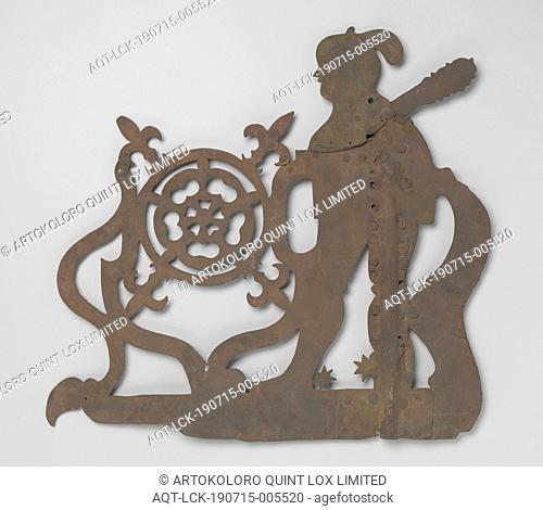 Weather vane with figure with mace, Vane of red copper. The vane is worked a jour and shows a drawing of a rosette in a circle and lily in the diagonals