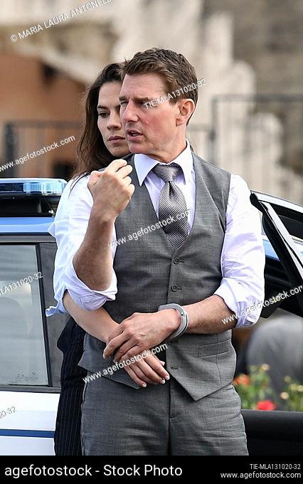 Tom Cruise and Hayley Atwell on set of the movie 'Mission Impossible 7' in Via dei Fori Imperiali in Rome , ITALY-13-10-2020