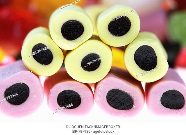 Sweets, Haribo Liquorice Rolls in pink and yellow, licorice