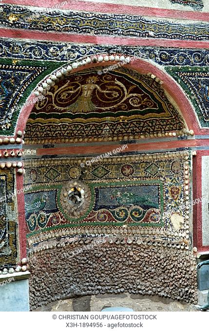 fountain completely faced with mosaic in polychrome glass tesserae, archeological site of Pompeii, province of Naples, Campania region, southern Italy, Europe