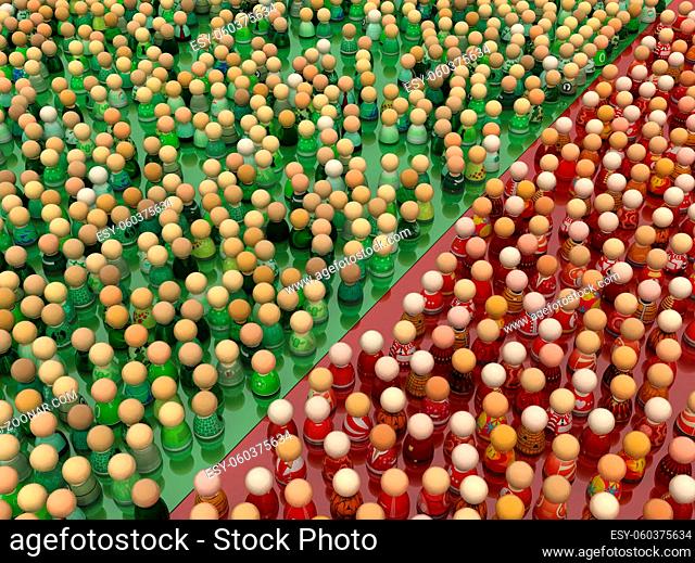 Crowd of small symbolic figures, green and red color, 3d illustration, horizontal