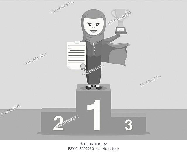 super arab businesswoman standing on winning podium black and white color style