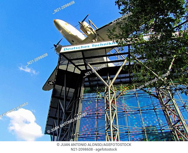 Deutsches Technik Museum Berlin. On top of the building lies a C-47 Raisinbomber Skytrain plane. Kreutzberg District, Berlin, Germany, Europe