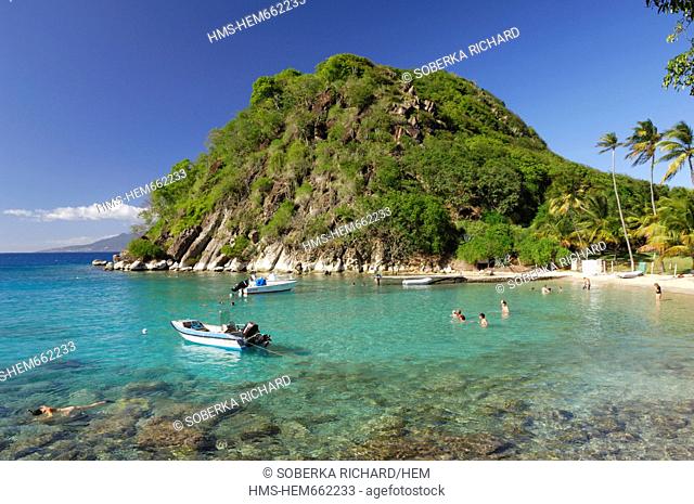 France, Guadeloupe French West Indies, Les Saintes, Terre de Haut, Sugarloaf Cove, swimmers in the crystal clear water of the bay of Sugar Loaf with its white...