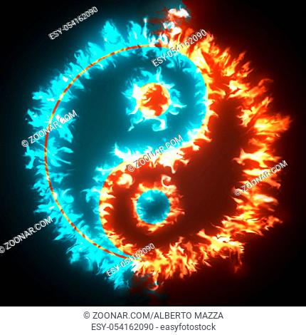 Yin and Yang symbol on red and blue fire. Concepts of: the bad inside the good and the good inside the bad in life, opposites, dark side, good and bad