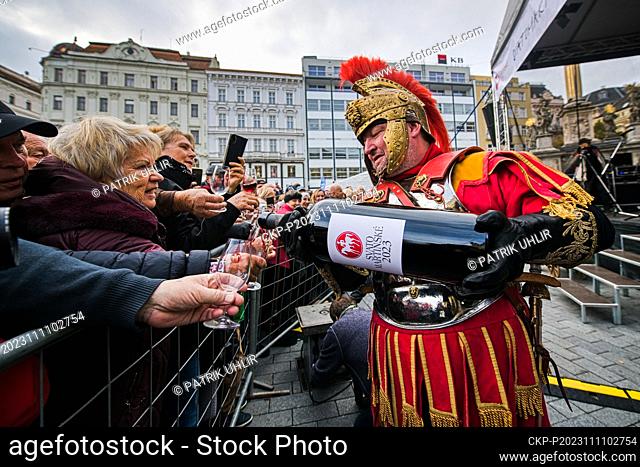 Actor Martin Istenik, dressed like St Martin, arrives to effuse the first pours of St Martin's Wine which started to be offered in Brno, Czech Republic