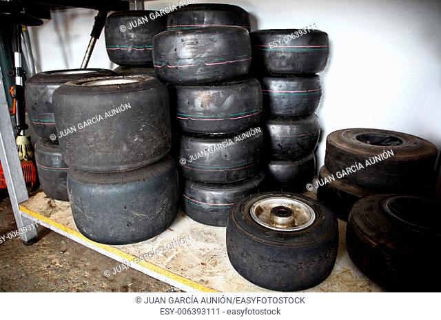Loads of Karts wheels and tires after competition. Karting circuit workshop