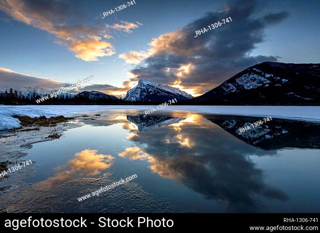 Winter reflections of Mount Rundle, Vermilion Lakes in the Canadian Rocky Mountains, Banff National Park, UNESCO World Heritage Site, Alberta, Canada