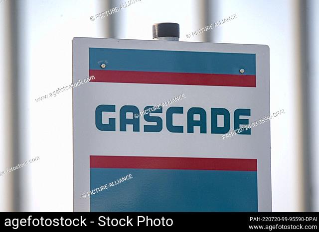 20 July 2022, Mecklenburg-Western Pomerania, Lubmin: A sign of the company ""Gascade"" stands in the industrial area of Lubmin