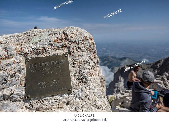 Italy, Abruzzo, Gran Sasso e Monti della Laga National Park, Plate on the summit of Corno Grande peak