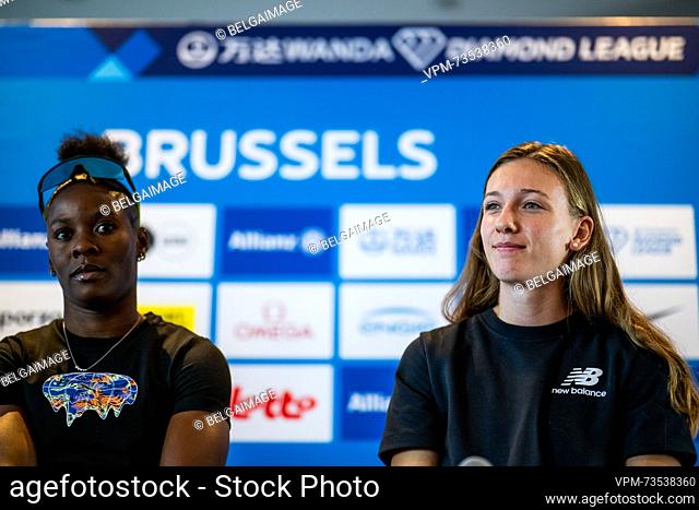Jamaica's Shericka Jackson and Dutch Femke Bol pictured during a press conference ahead of the Memorial Van Damme athletics event in Brussels