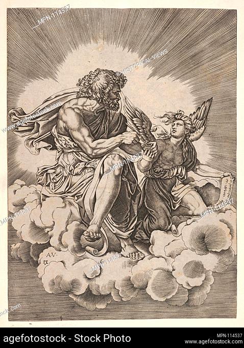 St. Matthew, seated on a cloud with legs crossed and dipping a quill into an inkwell held by an angel, who also holds an inscribed scroll