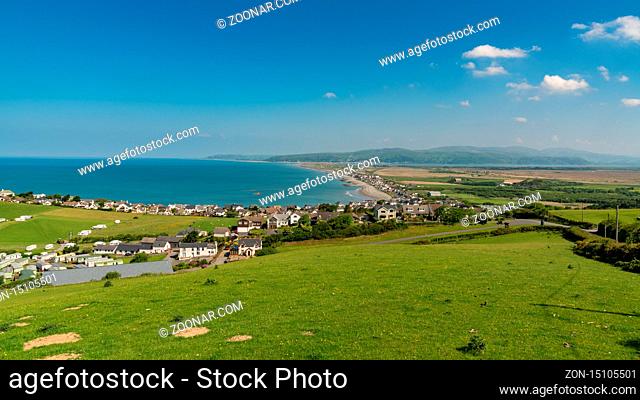 View over the Welsh coastline towards Borth, near Aberystwyth, Ceredigion, Wales, UK