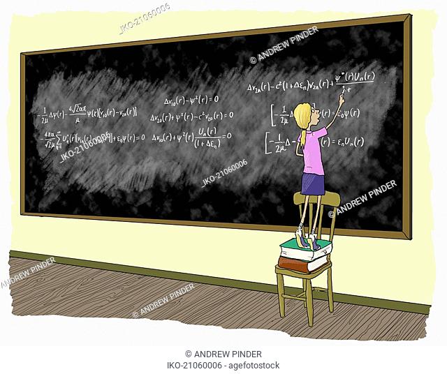 Little girl standing on chair doing complex mathematical formulae on blackboard