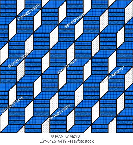Vector geometric seamless patterns with textured bold mathematical shapes in blue, white, black colors
