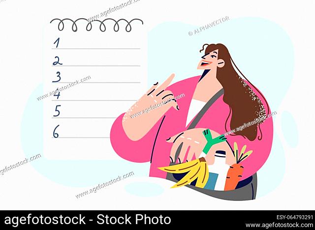 Woman with groceries in bag looks at blank numbered list symbolizing diet food shopping plan. Girl on diet is shopping in grocery market and checking notes in...
