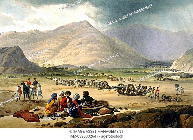 First Anglo-Afghan War 1838-42: British army at Urghundee with 25 guns abandoned by Dost Mohammed  From J Atkinson 'Sketches in Afghanistan' London 1842...