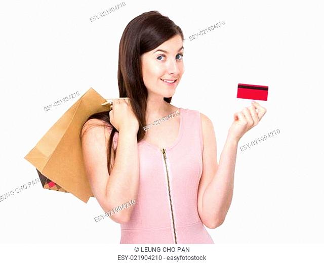Brunette Woman with shopping bag and credit card
