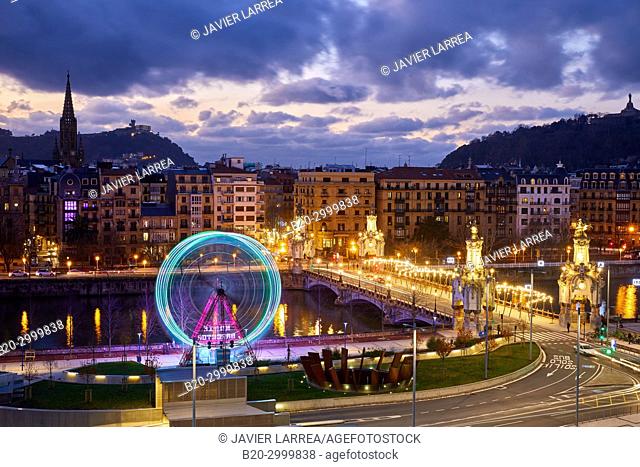 View of the city from Tabakalera, Maria Cristina Bridge, Ferris wheel, Christmas, Donostia, San Sebastian, Gipuzkoa, Basque Country, Spain, Europe