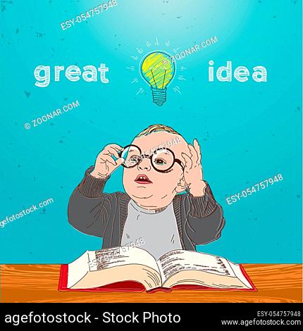 Great idea, kid with book and bulb above his head, vector Eps10 illustration