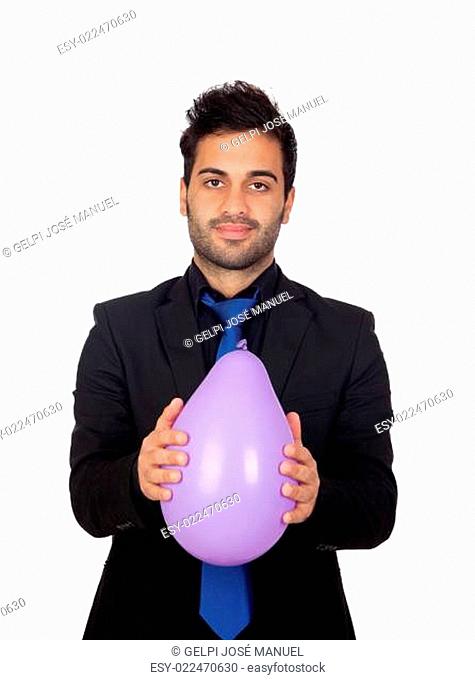 Young businessman with purple balloon