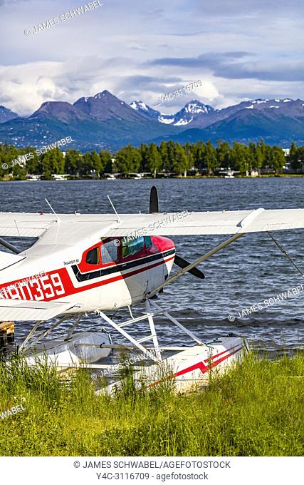 Seaplane or floatplane at Lake Hood Seaplane Base the world's busiest seaplane base located in Acnhorage Alaska