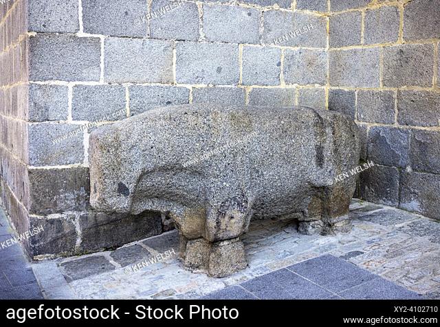 A stone bull known as a verraco. Many verracos have been found in and are preserved in central Spain. They date from around the 4th to the 1st centuries BC