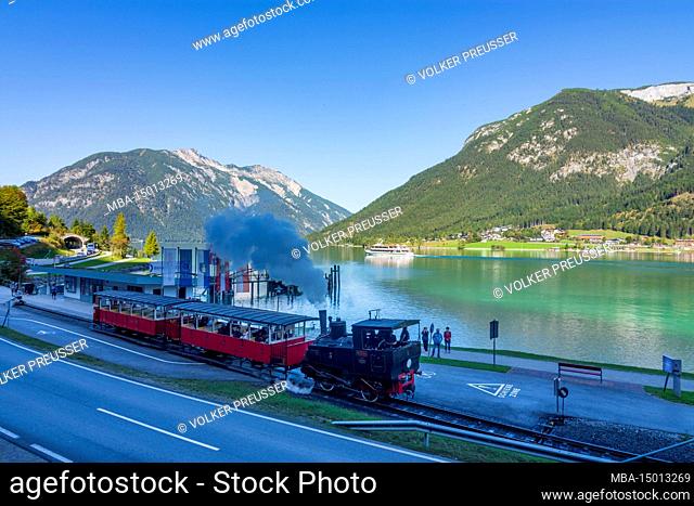Eben am Achensee, lake Achensee (Achen Lake), Achensee Railway with steam locomotive at final station Seespitz, passenger ship, Brandenberg Alps in Achensee