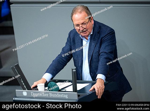 13 January 2022, Berlin: Frank Bsirske (Bündnis 90/Die Grünen) speaks for the first time as a member of the Bundestag during the three-day debate on the...
