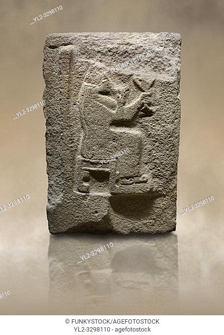 Alaca Hoyuk Sphinx Gate Hittite monumental relief sculpted orthostat stone pane of Goddess. Anatolian Civilizations Museum, Ankara, Turkey.