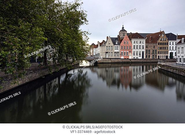 view of the city center at dusk, municipality of Bruges, West Flanders, Belgium, Europe