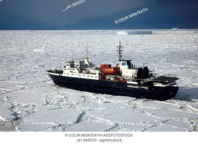 Ship stuck in heavy pack ice, tourist cruise ship Marina Svetaeva near Coulman Island, Ross Sea